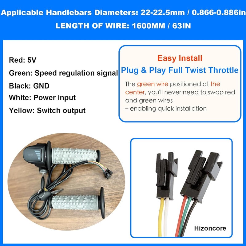Hizoncore Full Twist Throttle Fits for Ridstar Q20, 48V True Plug and Play Taper Handles Ebike Throttle 3 Pin Easy Installation, LCD Display with Key Lock, Throttle Grips for Ebike Motorcycle Scooter - Image 2